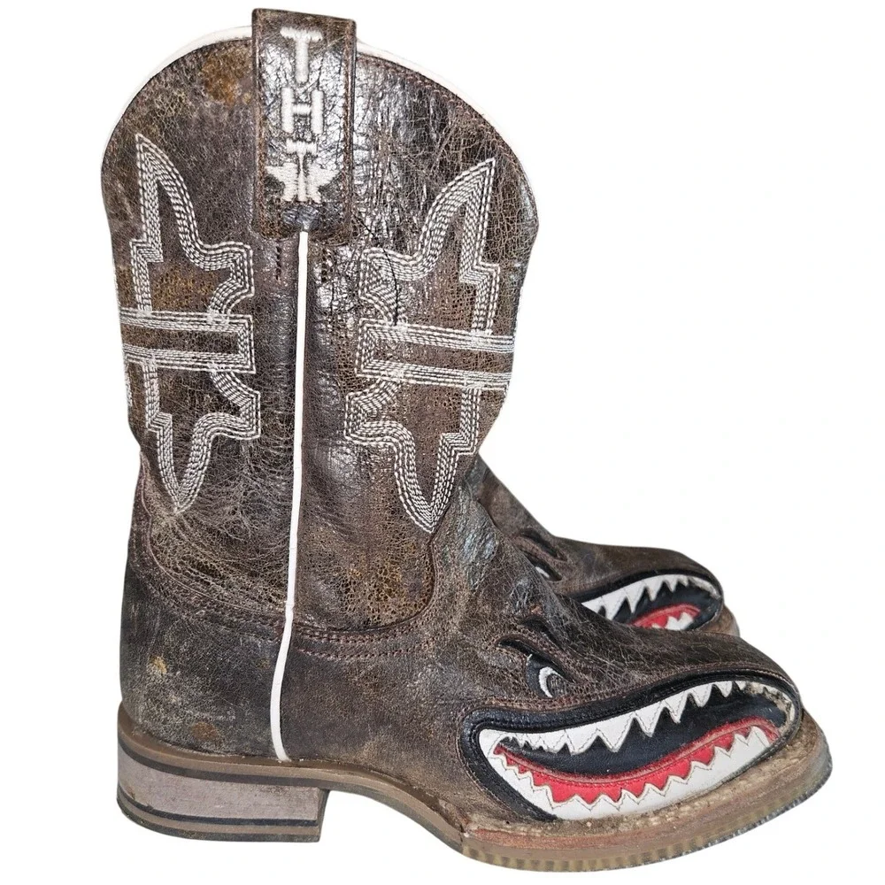Tin Haul Kids Sharky Brown Leather Western Cowboy Boots Size 6 14-12-0297-712